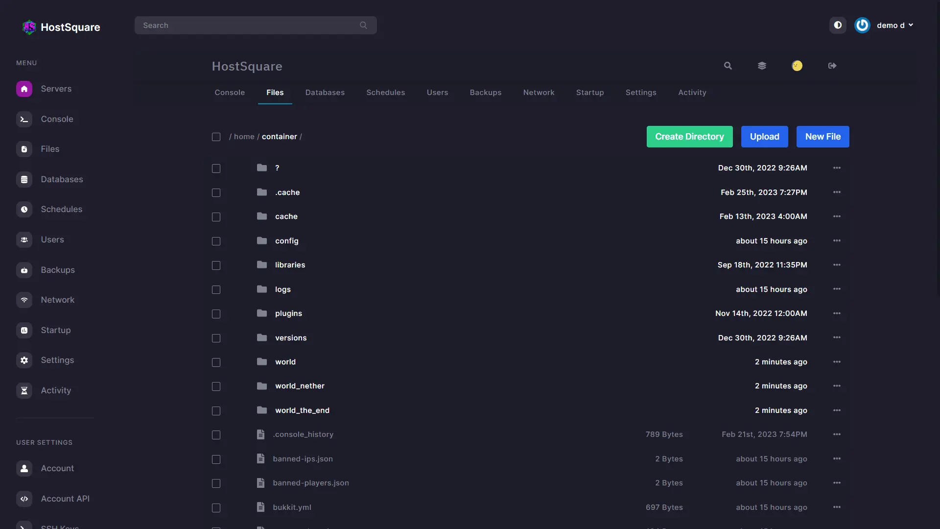 Tela de backup do servidor Minecraft no painel da HostSquare com agendamento de snapshots