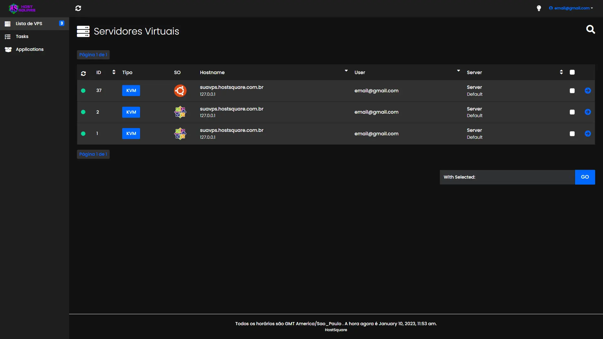 Lista de servidores VPS do painel da HostSquare com status online e ações de gerenciamento