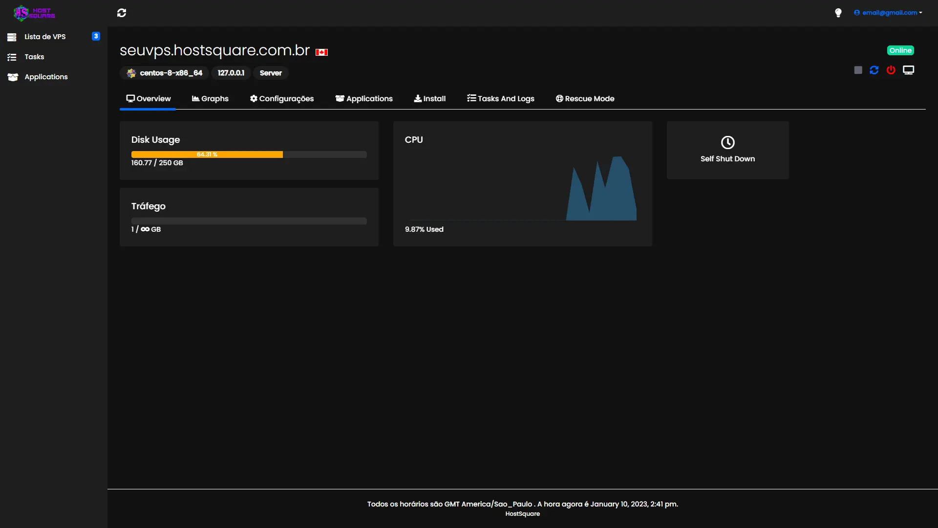 Console do servidor no painel da HostSquare com terminal de comandos em tempo real