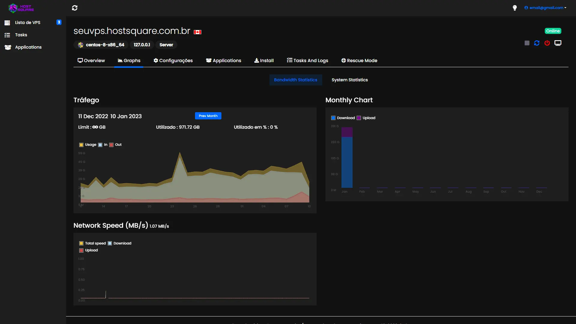 Tela de redes do painel da HostSquare com configuração de IP, firewall e DNS
