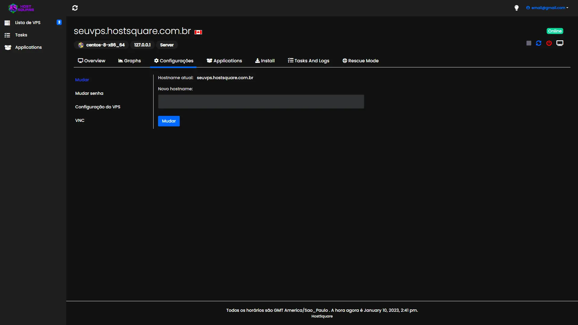 Tela de backup do painel da HostSquare com snapshots agendados e restauração em um clique